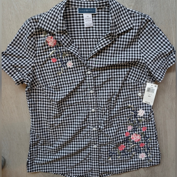 NWT Karen Scott Floral Embroidered Gingham Black&White Shirt Size M - Picture 13 of 13